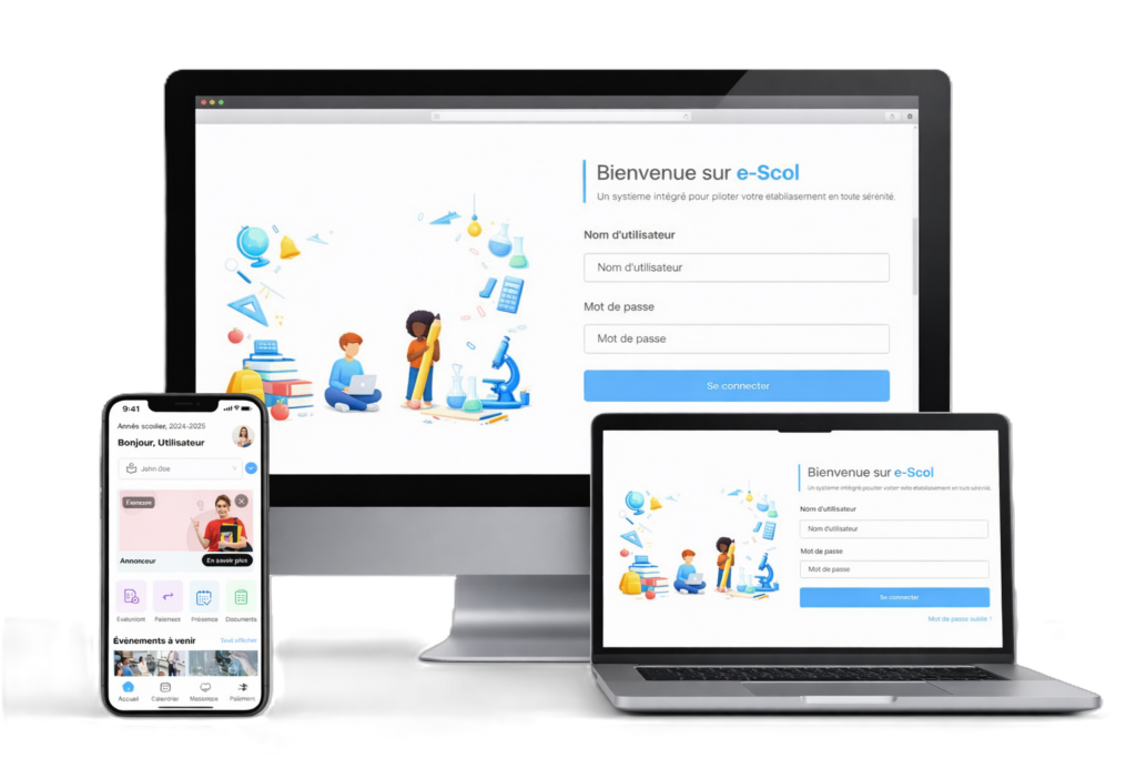 Interface de connexion responsive affichée sur ordinateur, tablette et smartphone avec tableau de bord mobile.